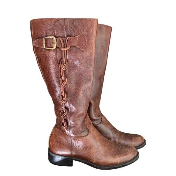 VINTAGE Knotted Leather Trim Brass Buckle Knee High Riding Boots Sz 6.5 - Picture 2 of 11
